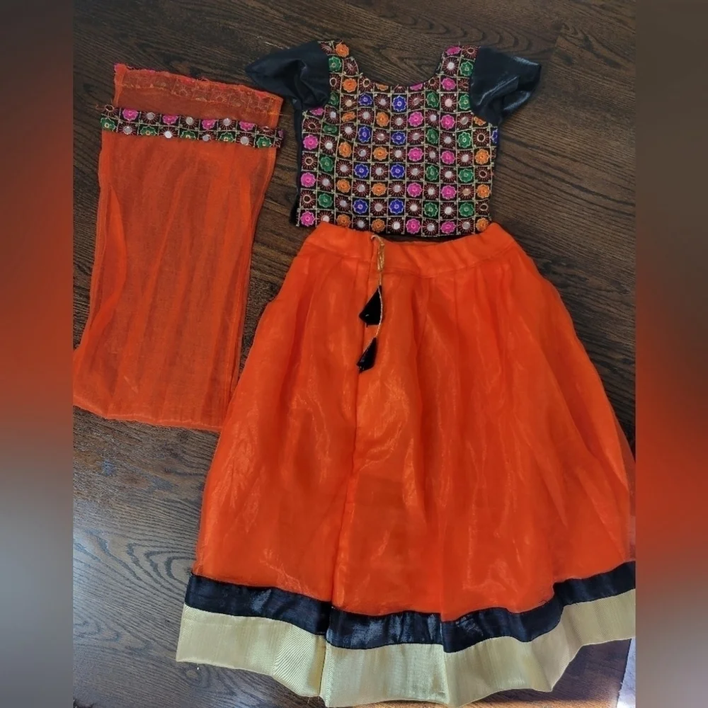 Girls Orange Chaniya Choli Lehenga Set w/ Mirror Work + Dupatta (5-6Y)